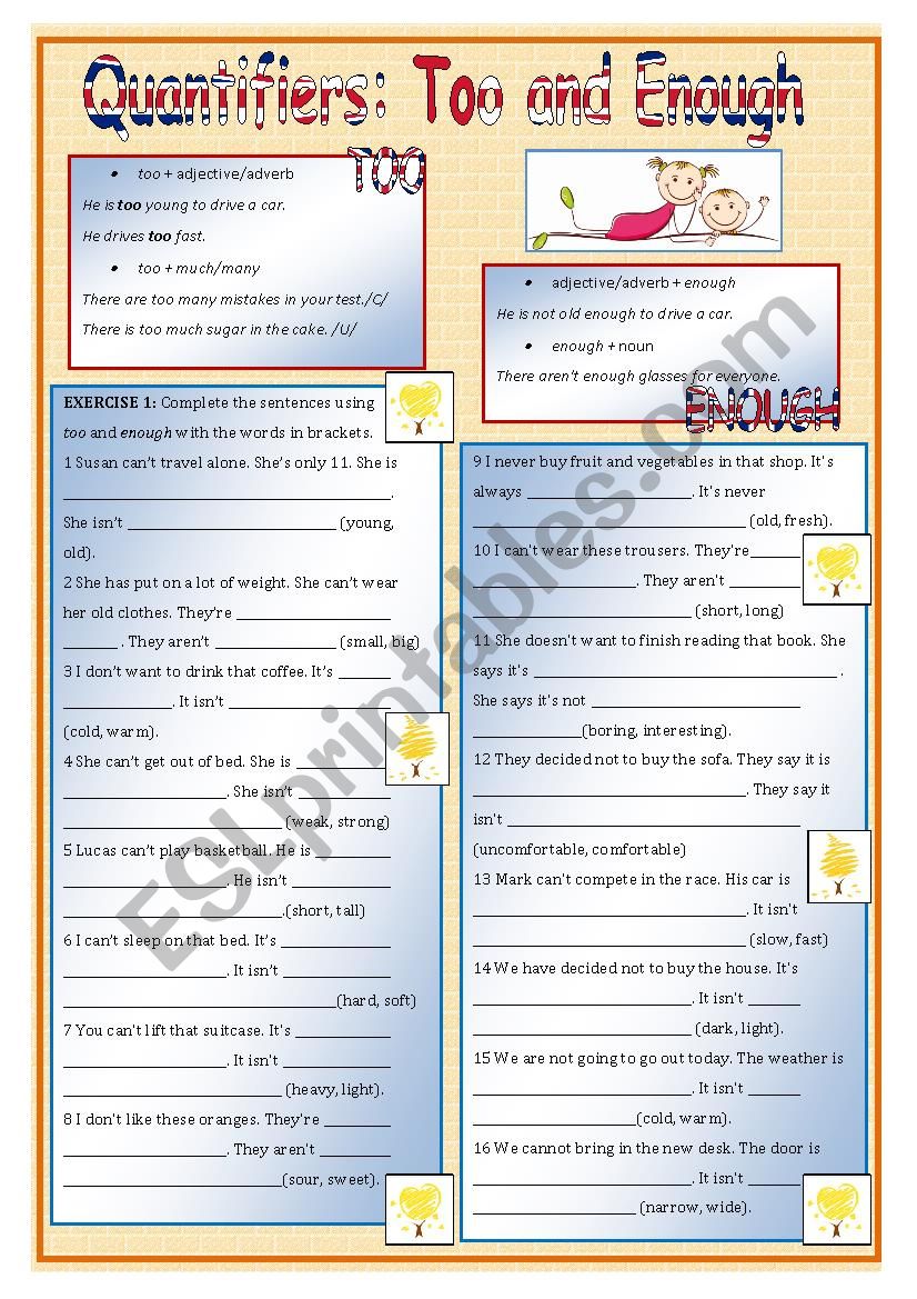 quantifiers too and enough (2 pages with key)
