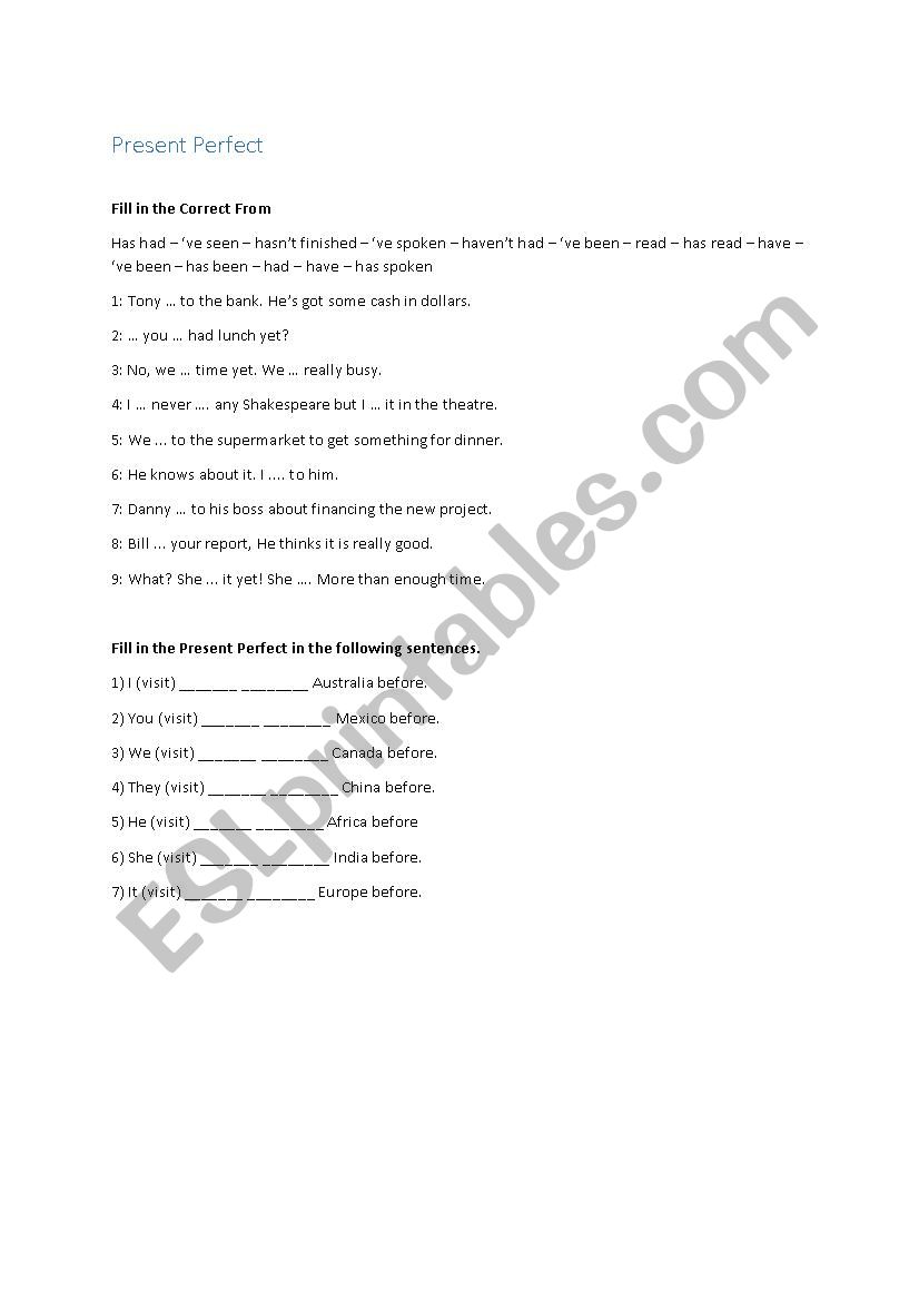 Present Perfect worksheet