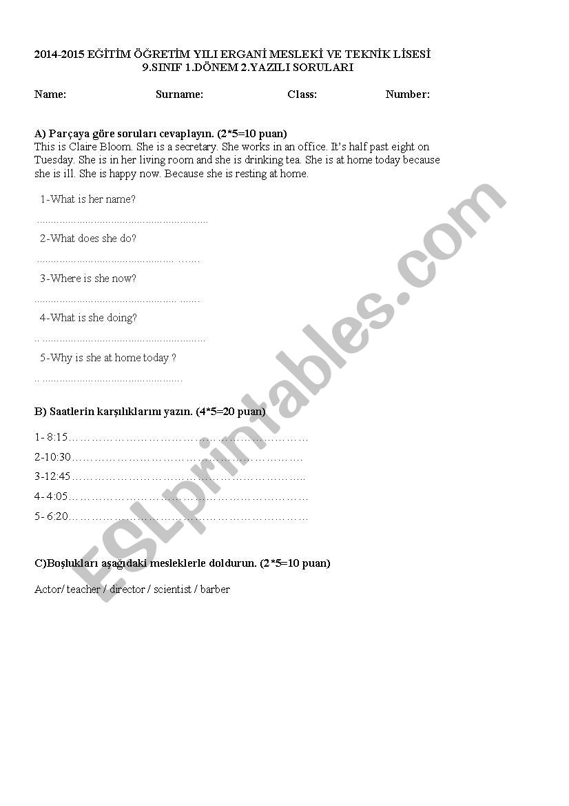 exam worksheet