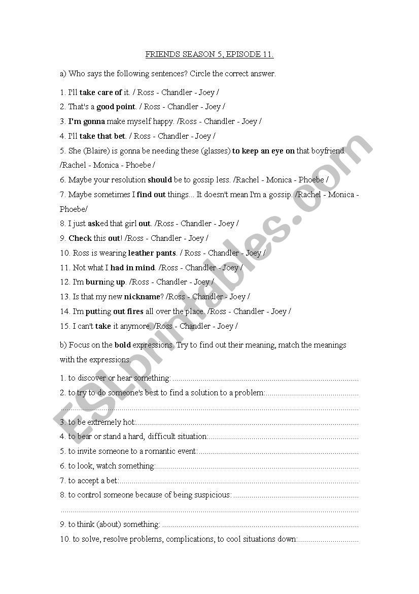 FRIENDS, SEASON 5 EPISODE 11 worksheet