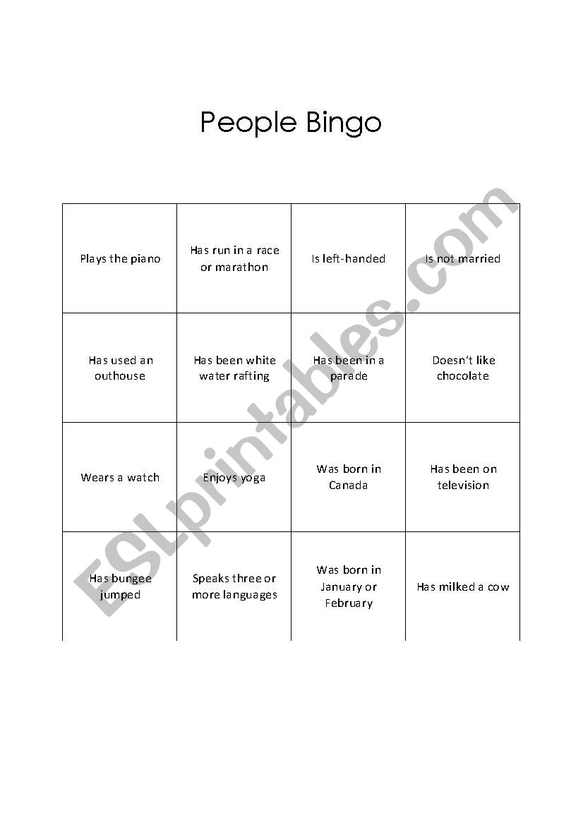 People Bingo worksheet