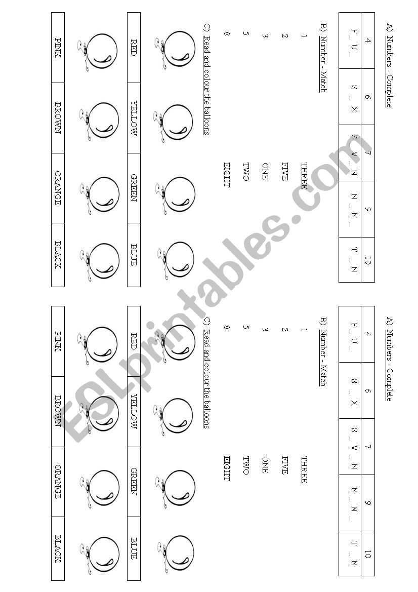 Numbers and colours worksheet