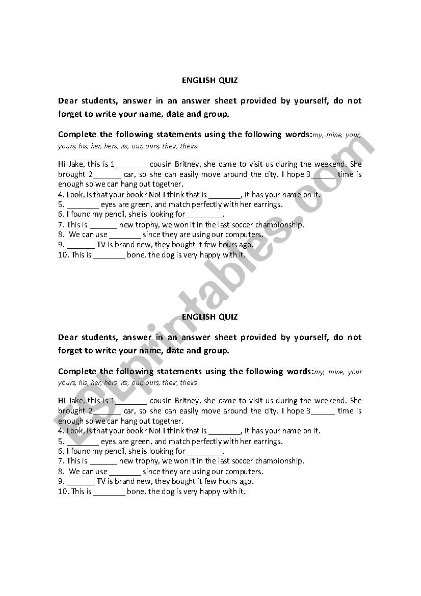 Possessive pronouns worksheet