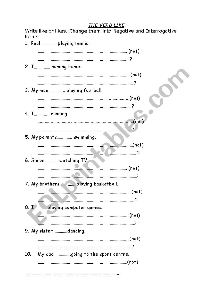 the verb like worksheet
