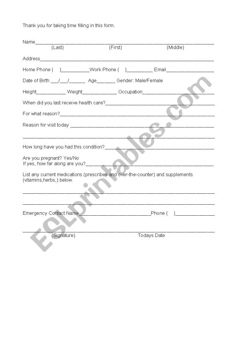 Medical Intake form worksheet