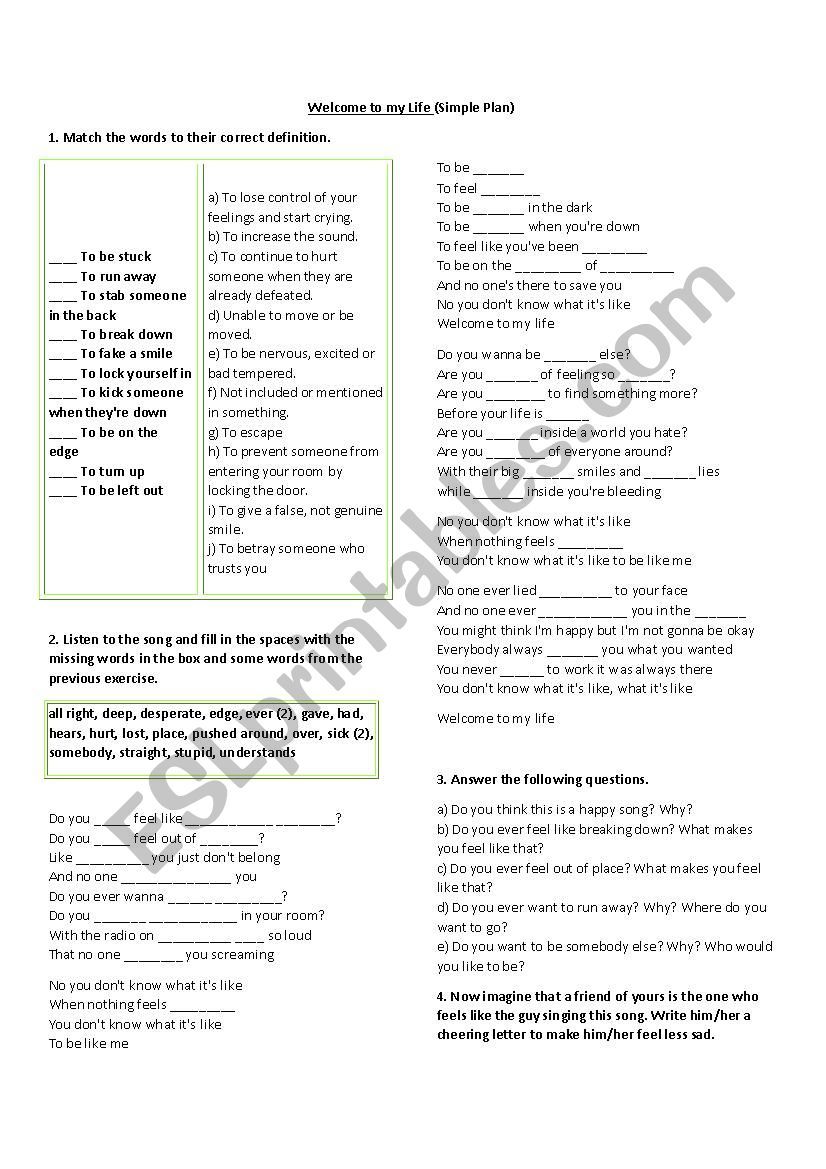 Welcome to my life SONG worksheet