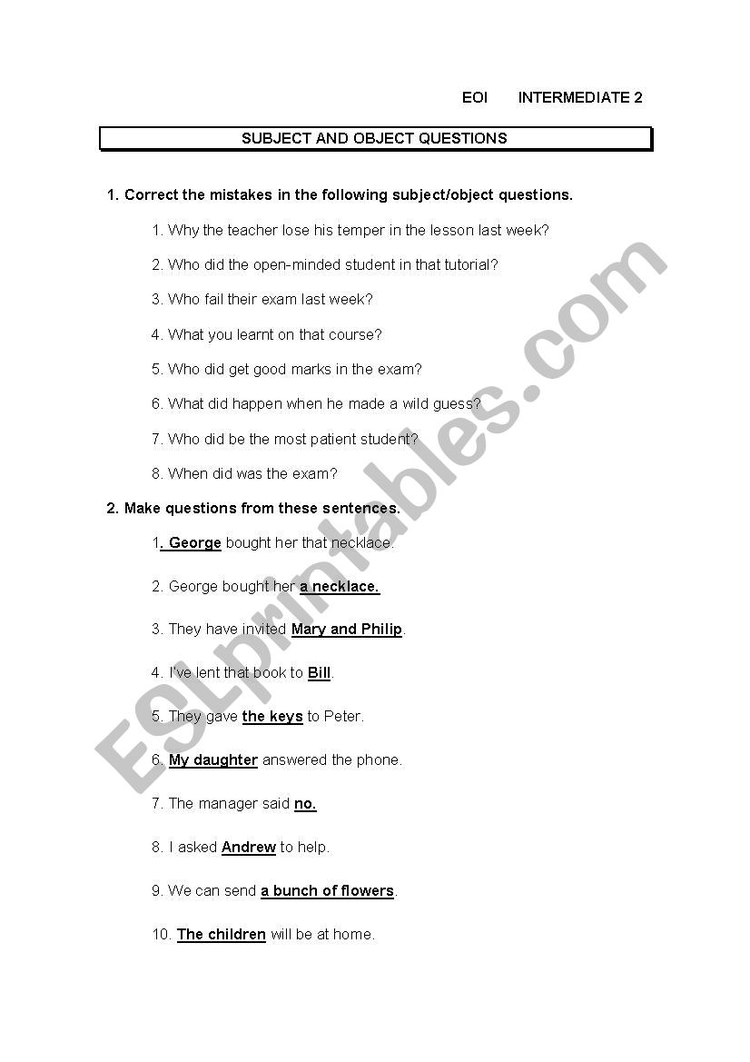 Pronouns subject and object worksheet