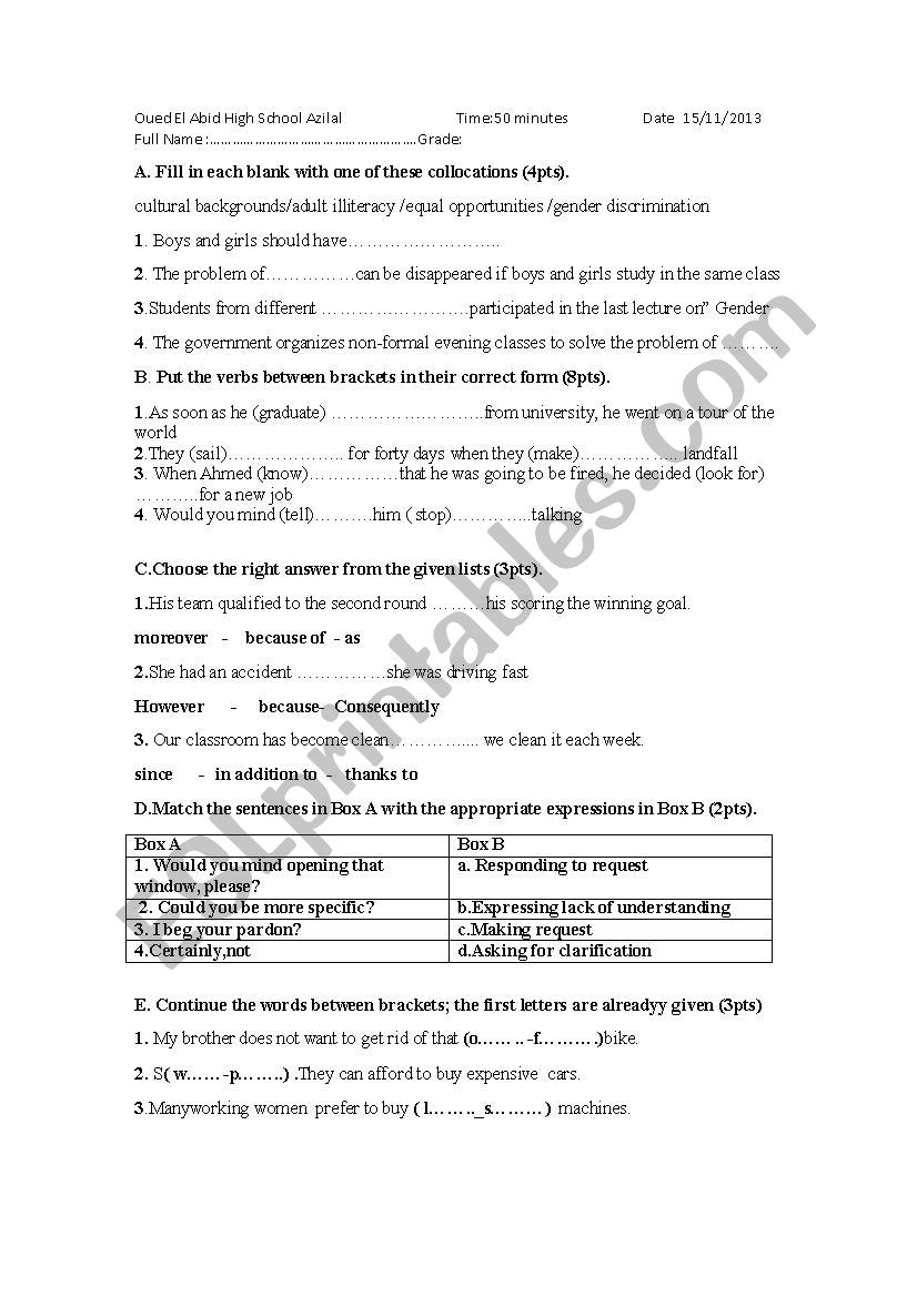 exam worksheet