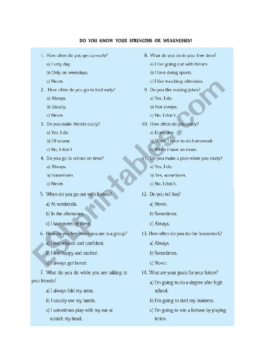 personality types worksheet