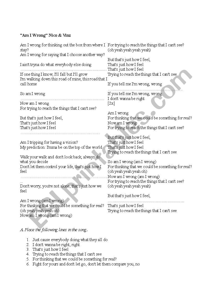 Am I wrong song worksheet worksheet