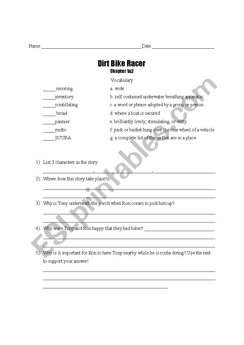 Dirt Bike Racer Chapters 1&2 worksheet