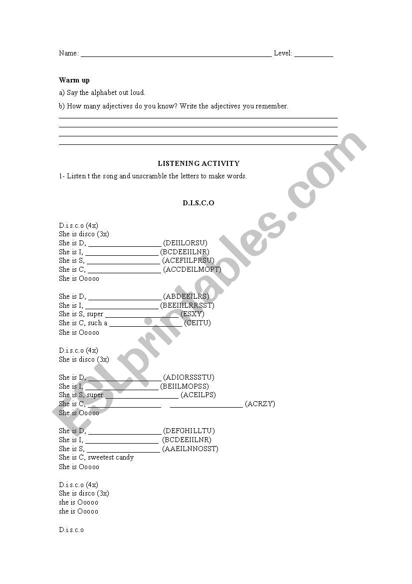 D.I.S.C.O worksheet