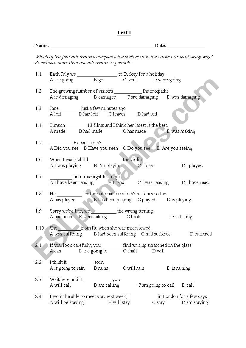 Level Test - Part I worksheet