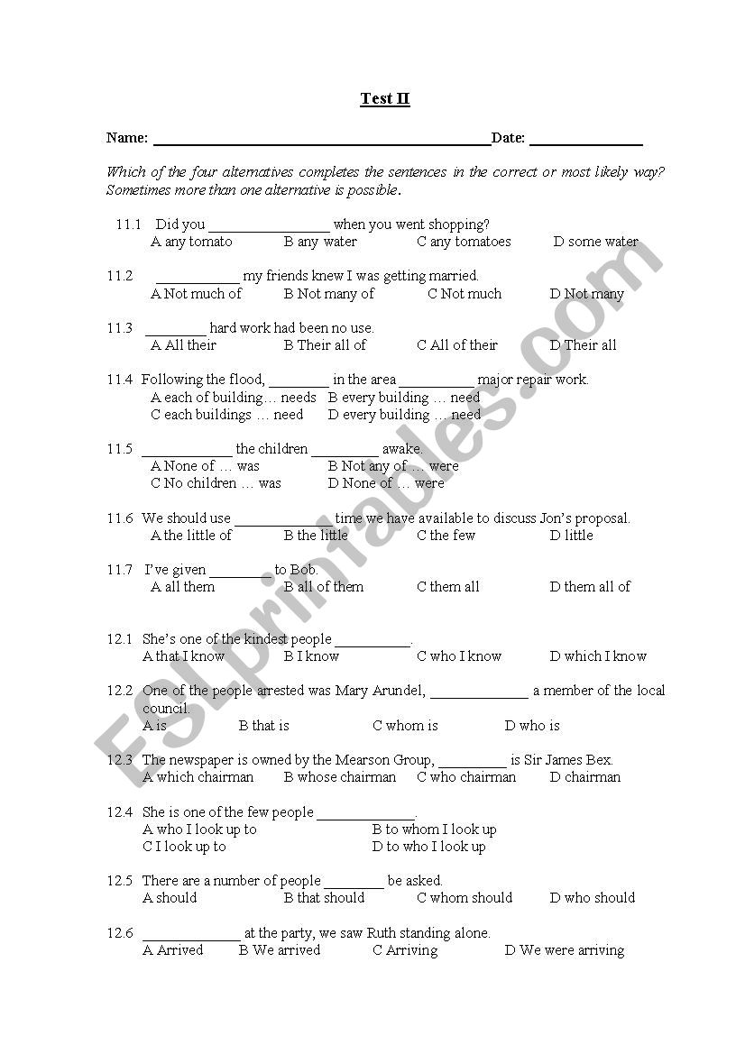 Level Test - Part II worksheet