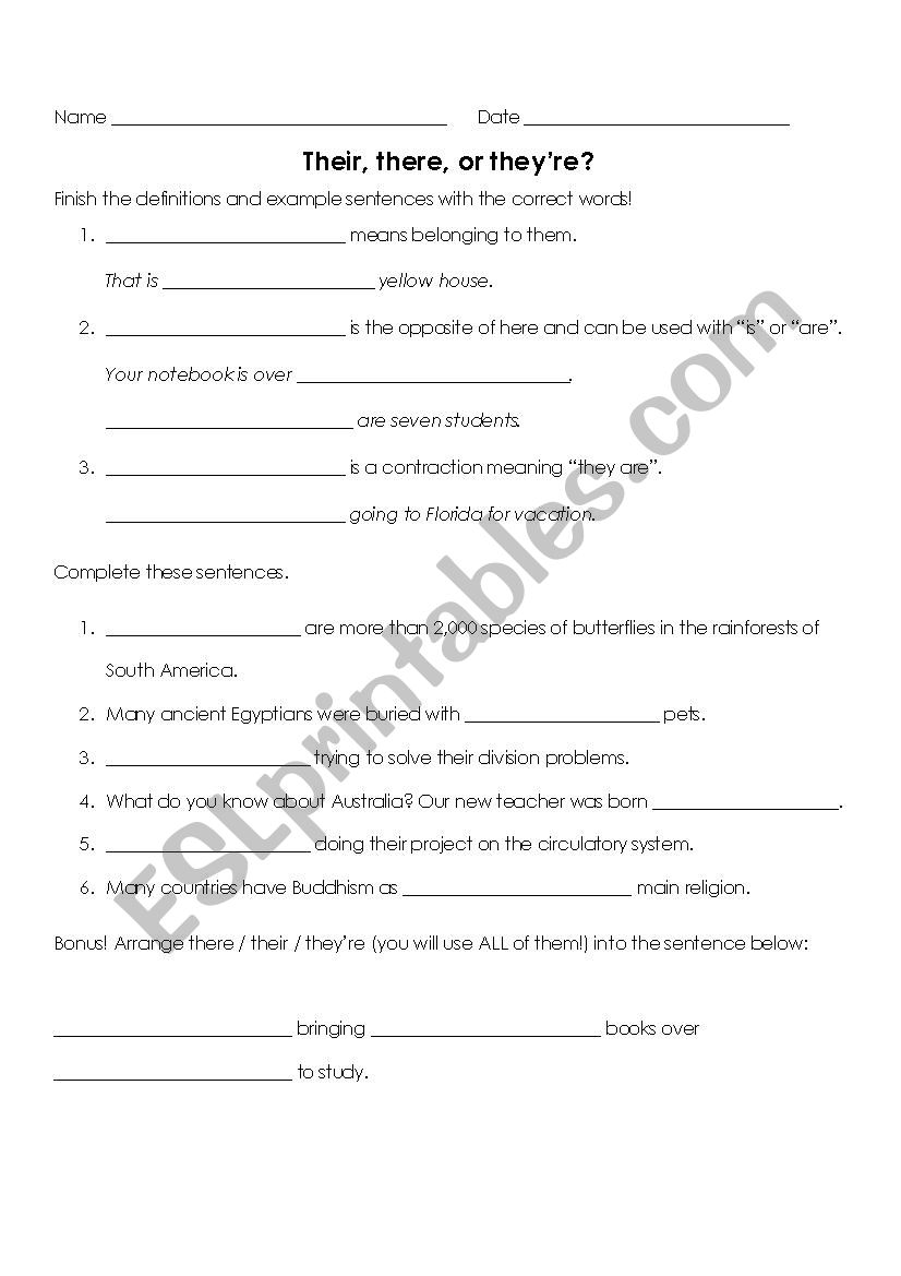 Their / theyre / there worksheet