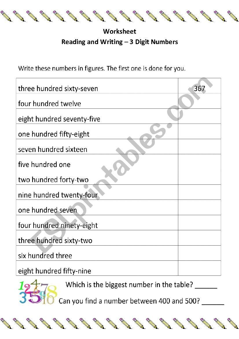 3 Digit Numbers worksheet