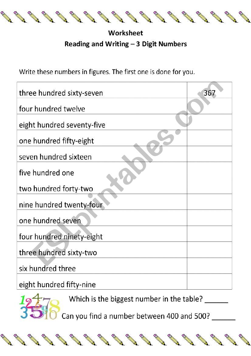 3 Digit Numbers worksheet