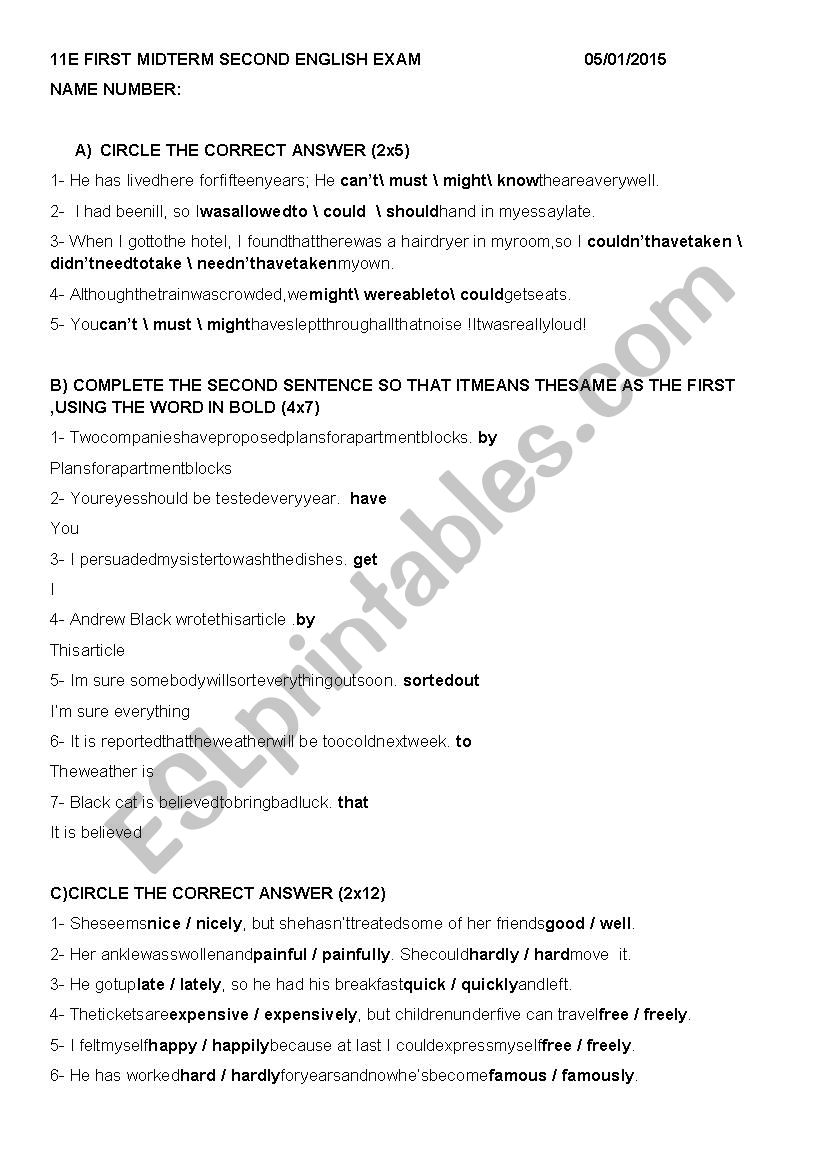 exam for adjectives,comparison forms,modals(with participles),passive voice