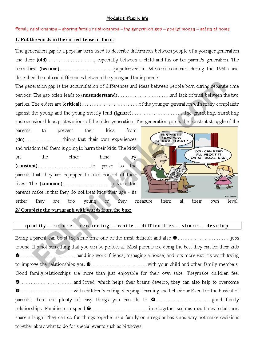 Family life 9th form worksheet