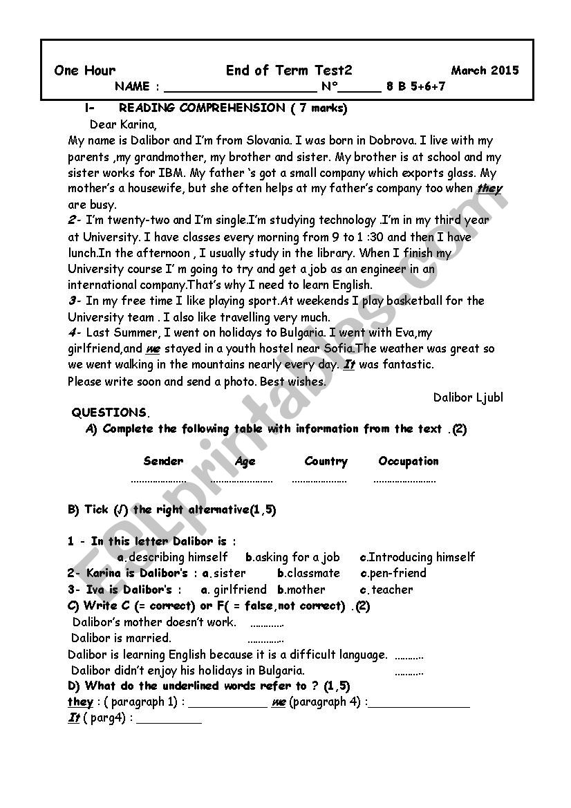 end of term test 2 8th form worksheet