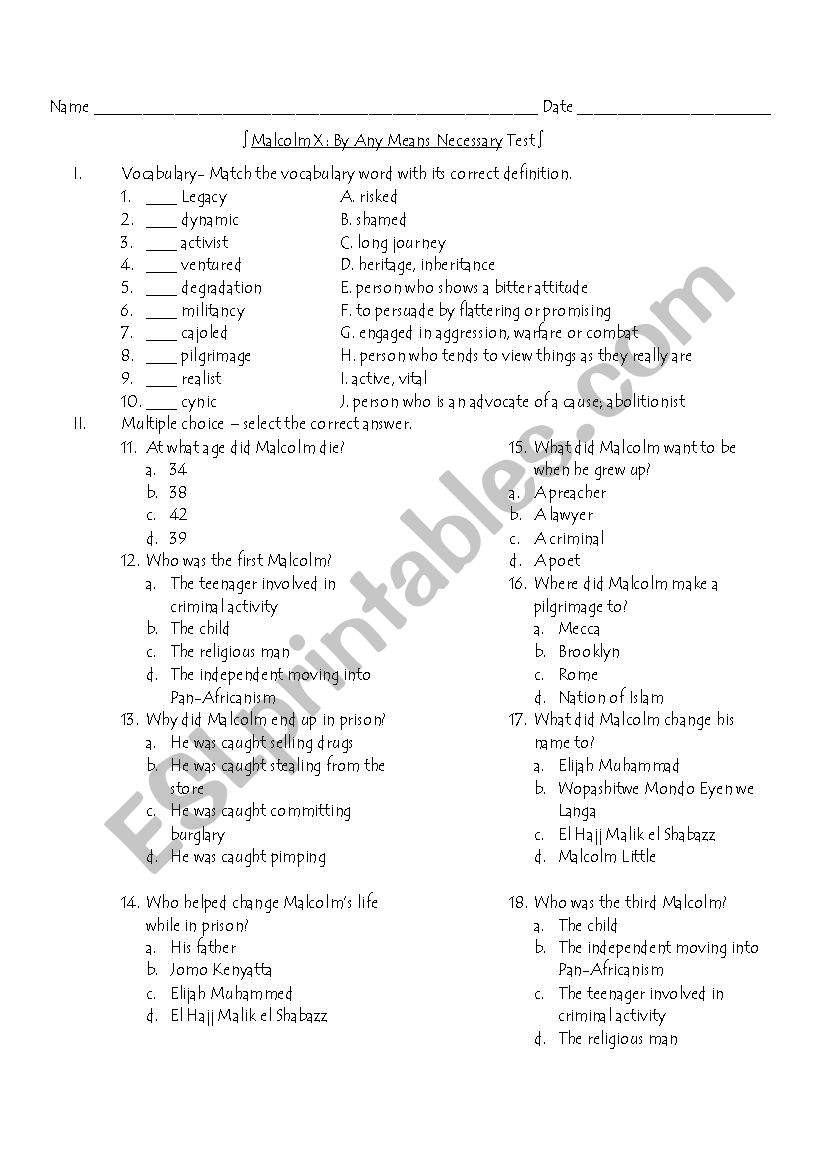 Malcolm X Test worksheet