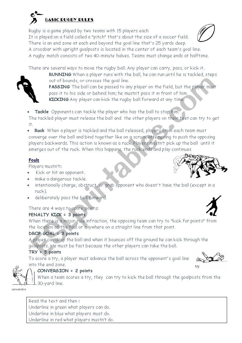 Basic Rugby rules (can must mustn´t) ESL worksheet by nathalie891