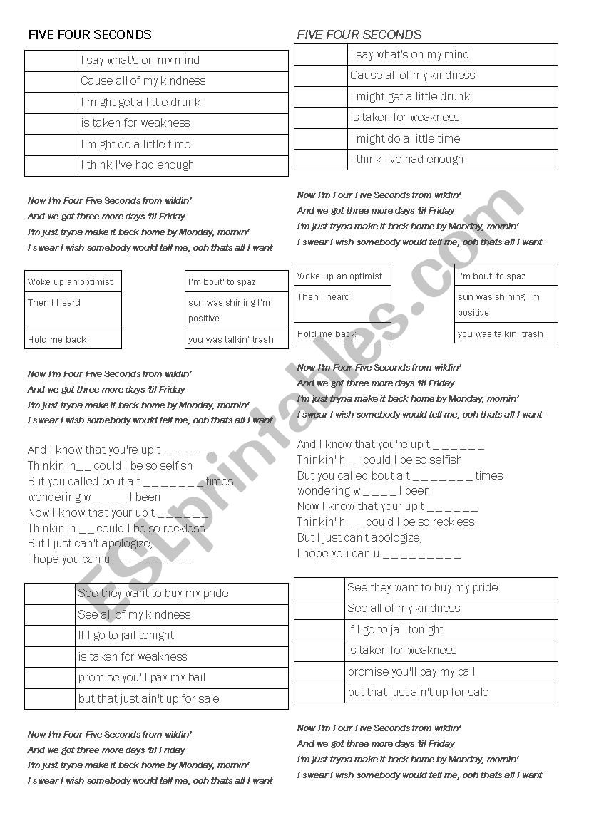 Four Five Seconds worksheet