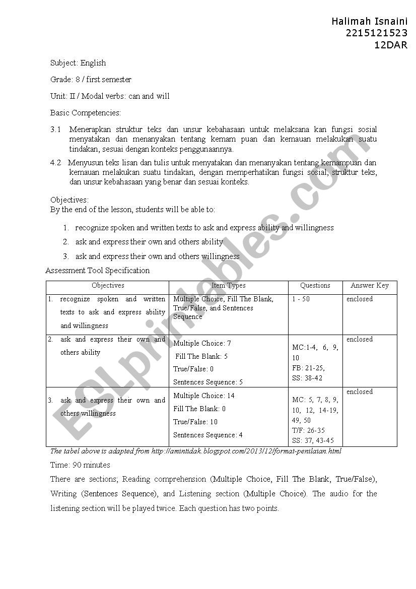 Final Test Grade 8 worksheet