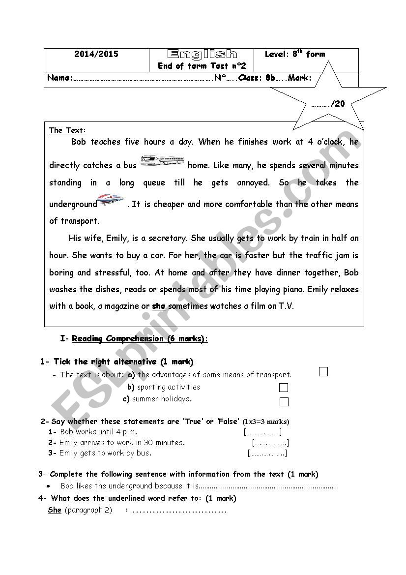 End of term Test n2 9th form worksheet