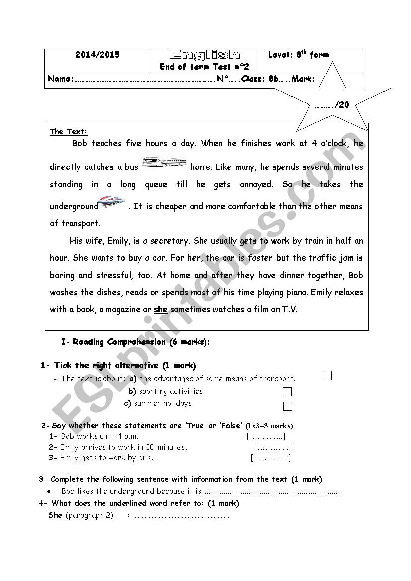 End of term Test n2 9th form worksheet