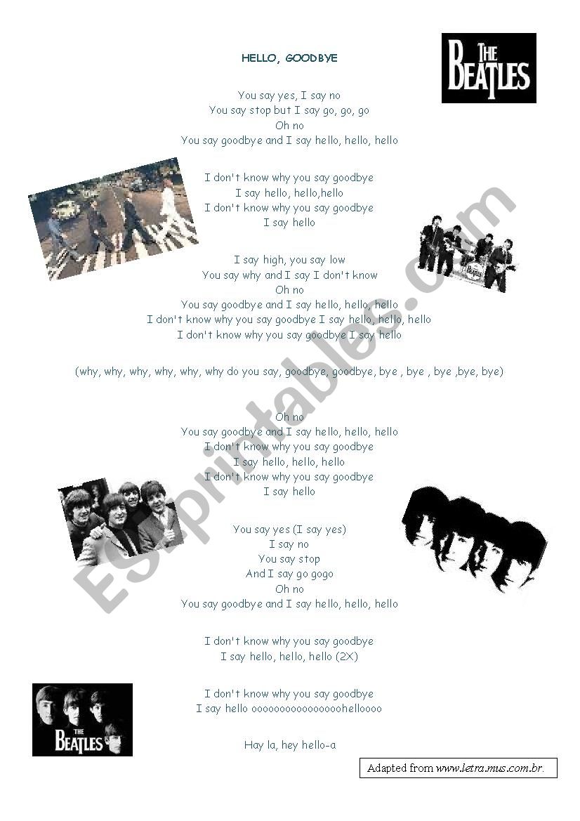 Hello, Goodbye By The Beatles worksheet