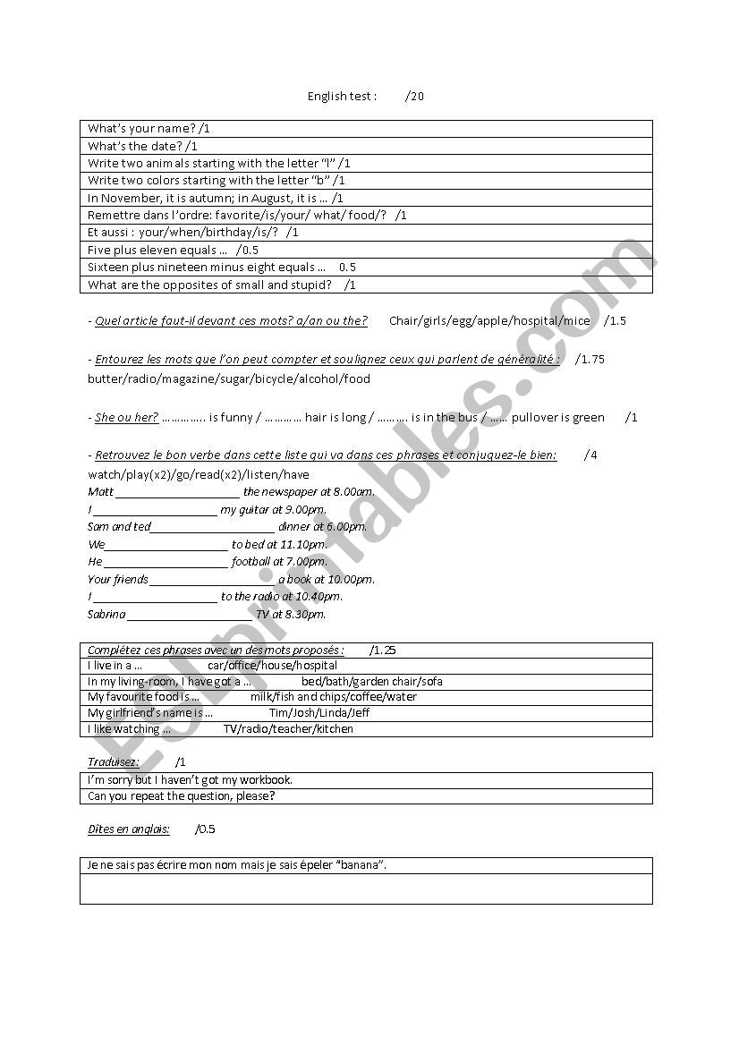 test 6th graders worksheet