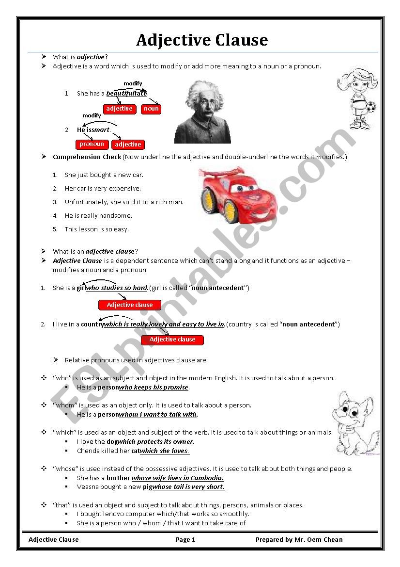 Adjective Clause Lesson I ESL Worksheet By Cheancheanchean