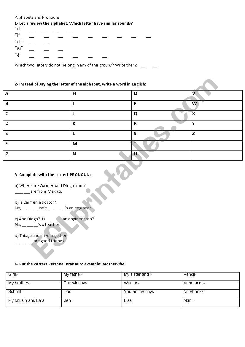 Alphabets and Pronouns worksheet