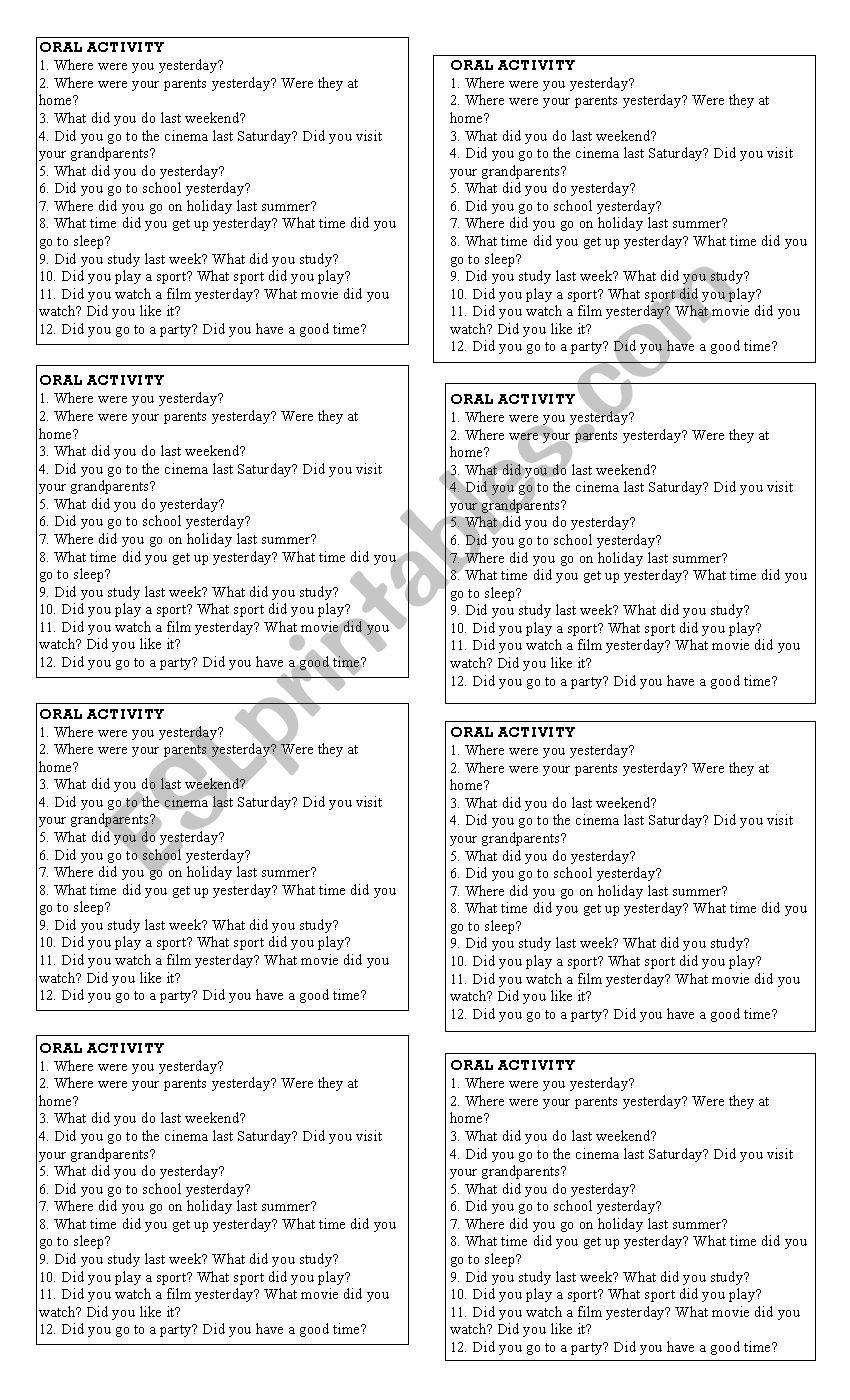 Simple Past - Cards for oral practice