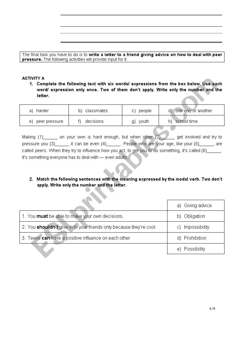 Peer pressure worksheet