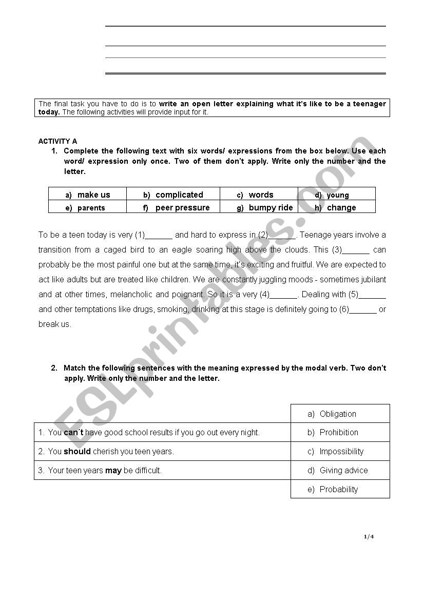 Being a teenager worksheet