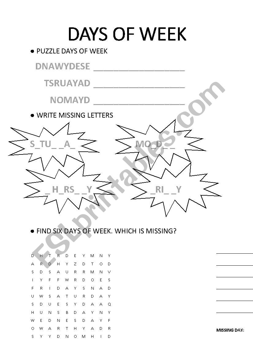 Days of week worksheet