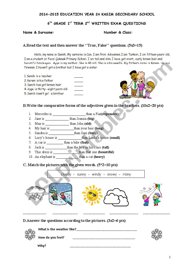 exam for 6th grader worksheet