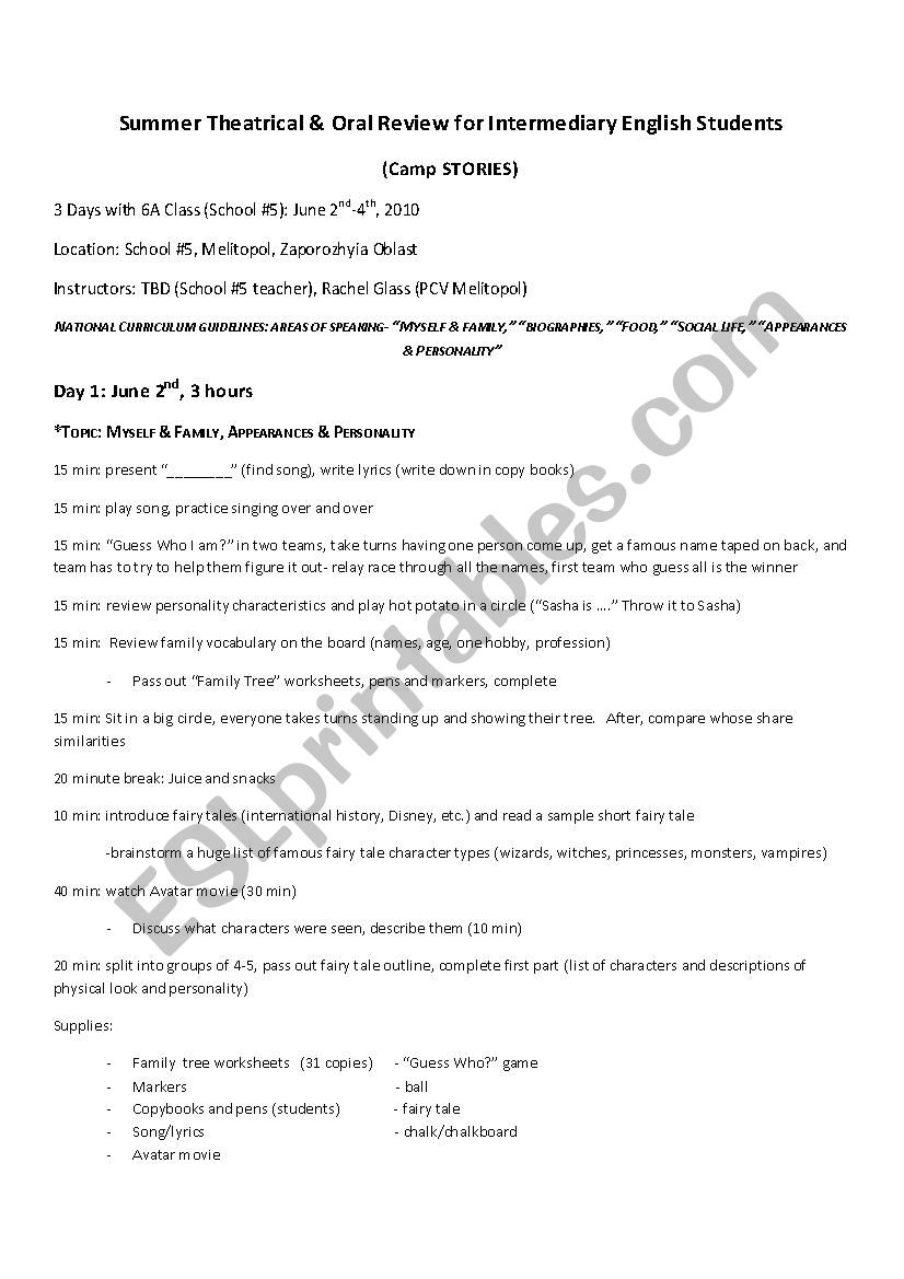 summer theatre worksheet