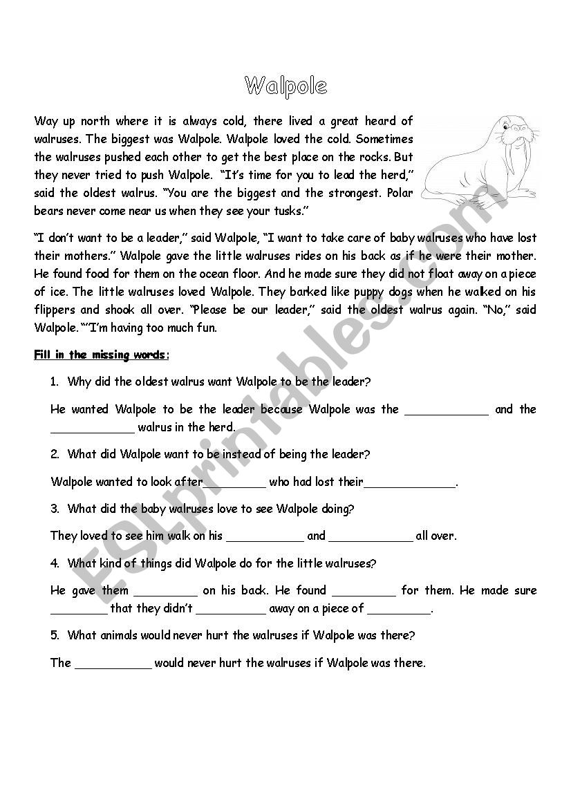 Walpole reading comprehension worksheet