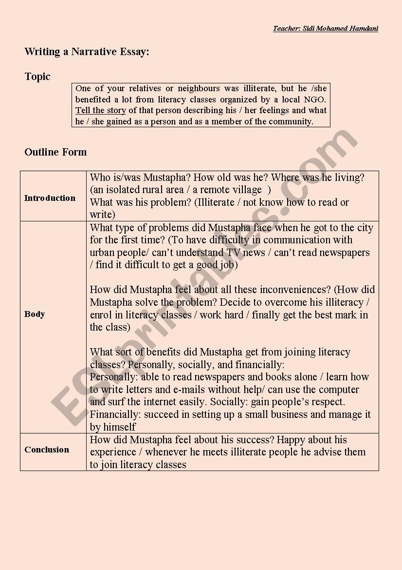 Writing a Narrative Essay: ( Outline form + Sample short essay