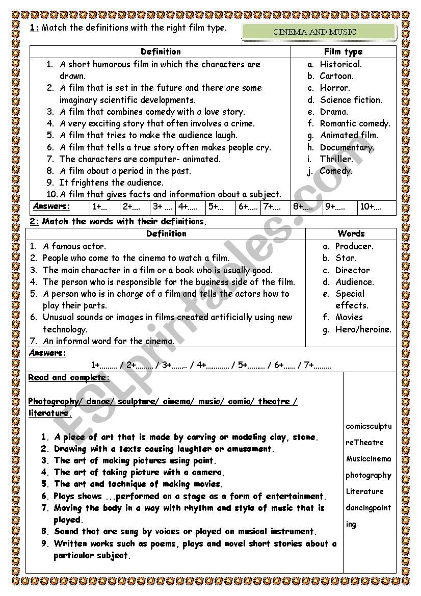 music and cinema  worksheet