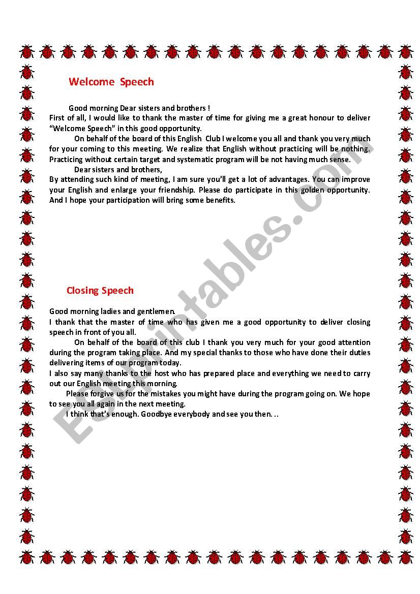 Welcome & Closing Speech worksheet