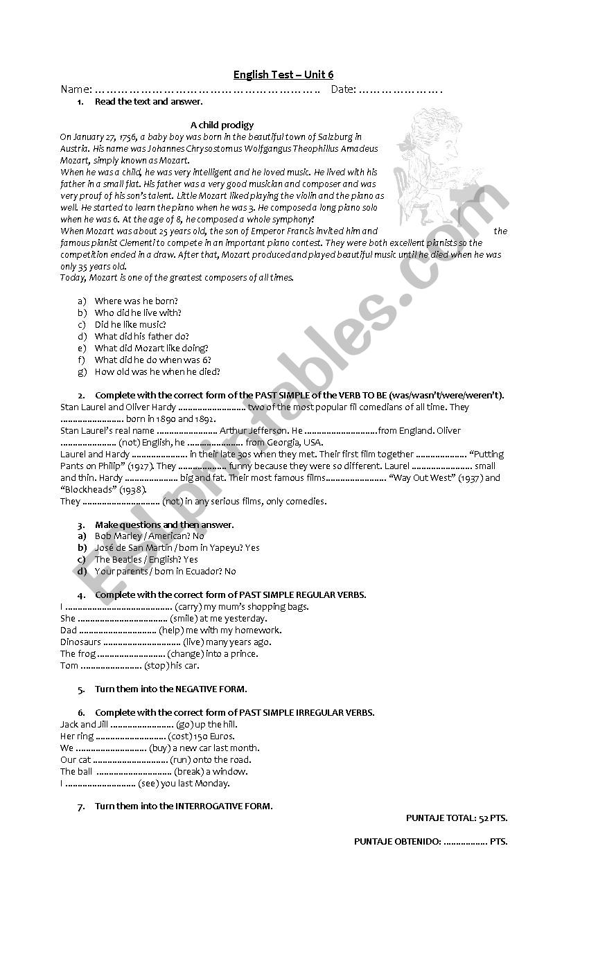 english test past simple worksheet