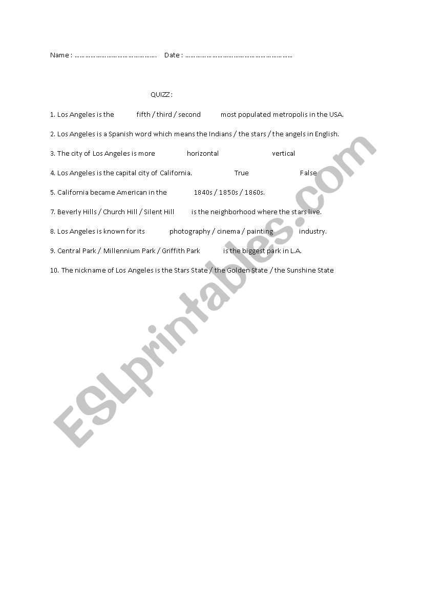 Los Angeles quiz worksheet