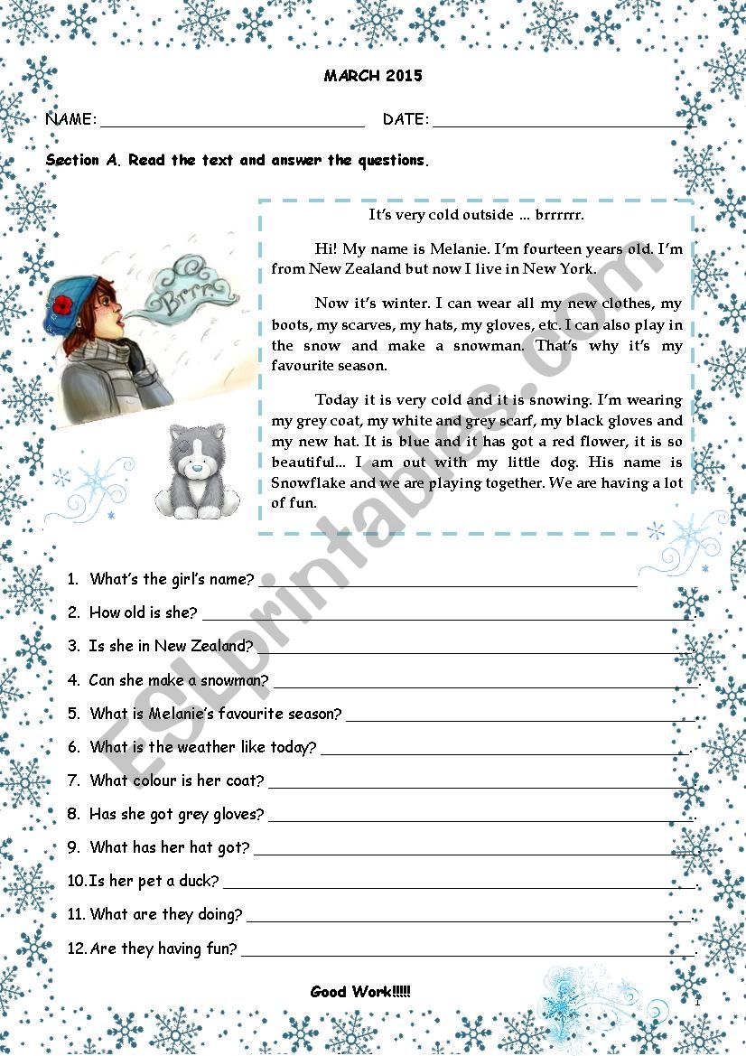 Its winter time worksheet