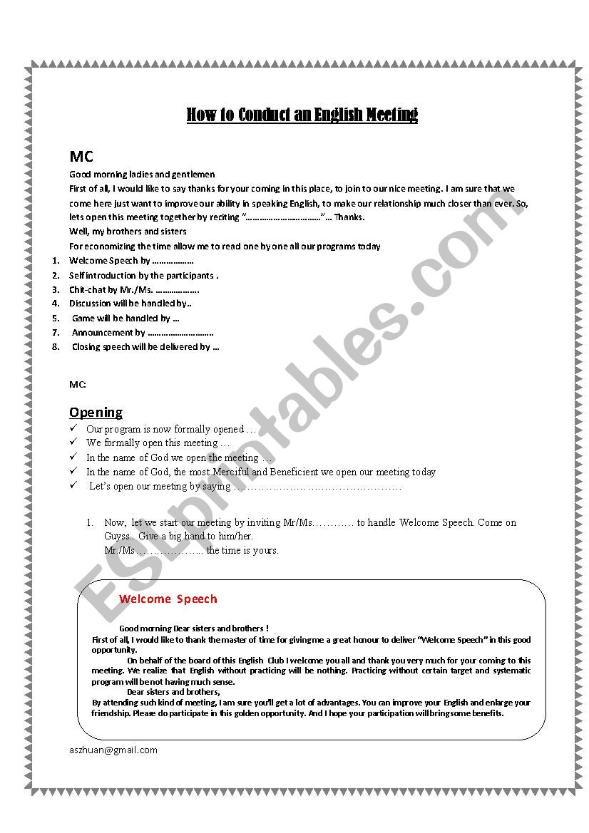 English Meeting Club programs worksheet