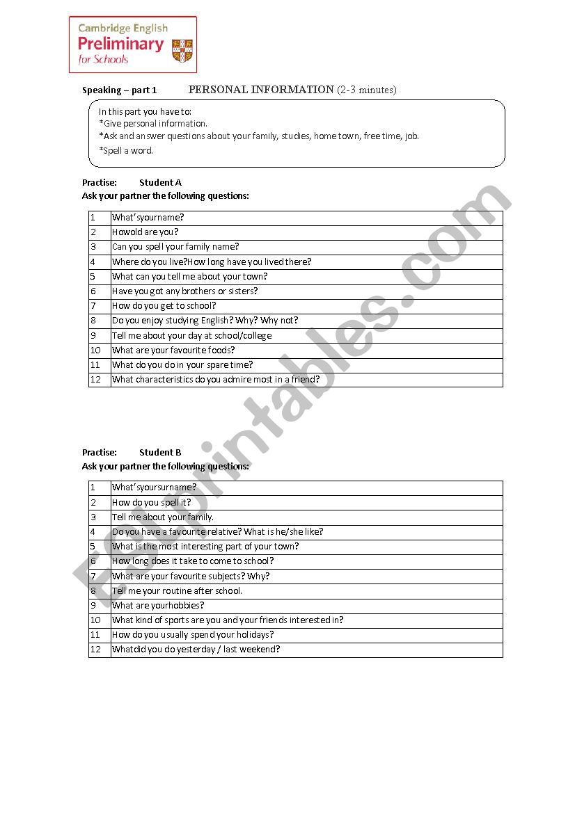 Pet speaking exam preparation worksheet