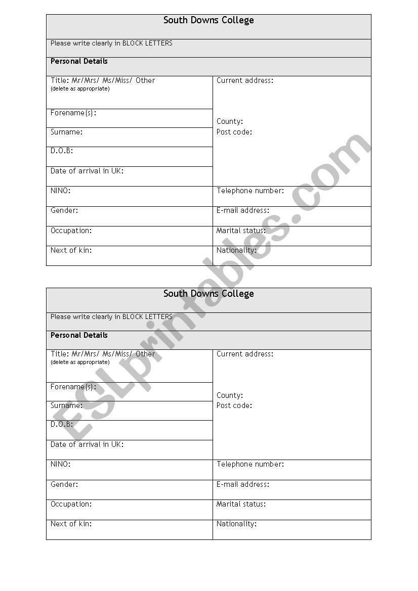 Form filling worksheet